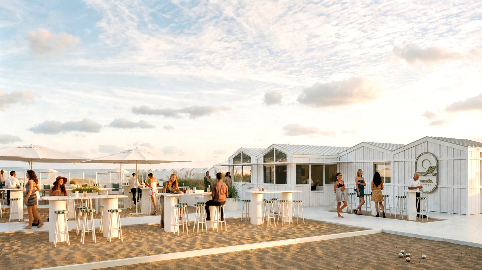 Bar en bocce-baan bij zonsondergang.